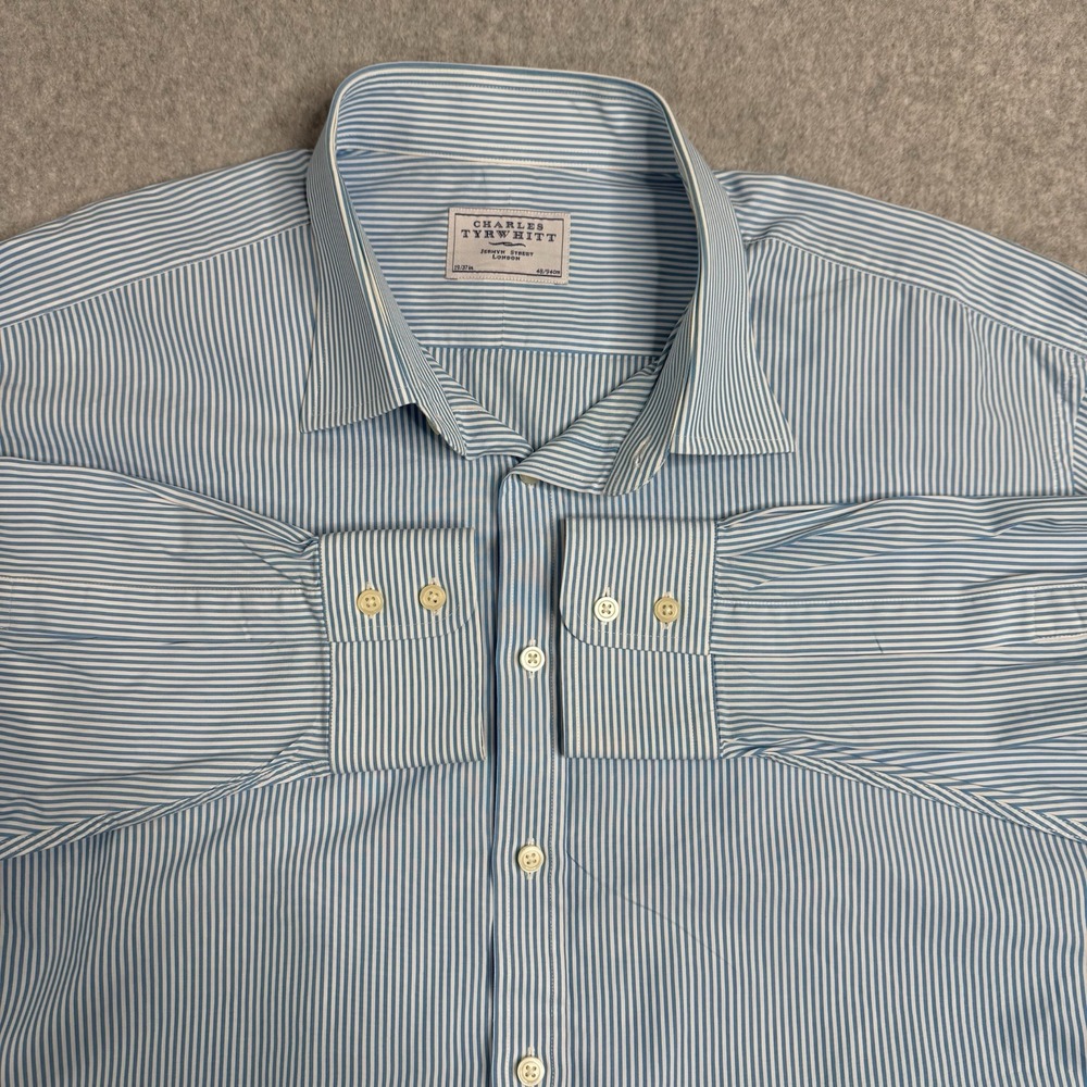Charles Tyrwhitt Dress Shirt Mens 19/37 Teal Pin Stripe Button Up Long Sleeve